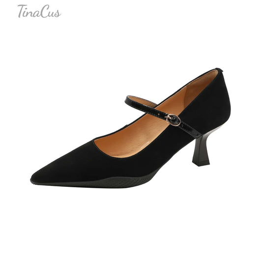TinaCus Women's Pointed Toe Genuine Leather Handmade Slip On Buckle Mid Chunky Heel Mary Janes Pumps Shoes