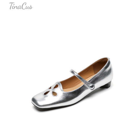 TinaCus Handmade Women's Genuine Leather Dressy Hollow-Out Square Toe Mary Jane Flats Shoes