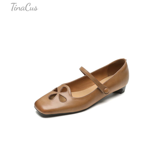 TinaCus Handmade Women's Genuine Leather Retro Hollow-Out Square Toe Mary Jane Flats Shoes