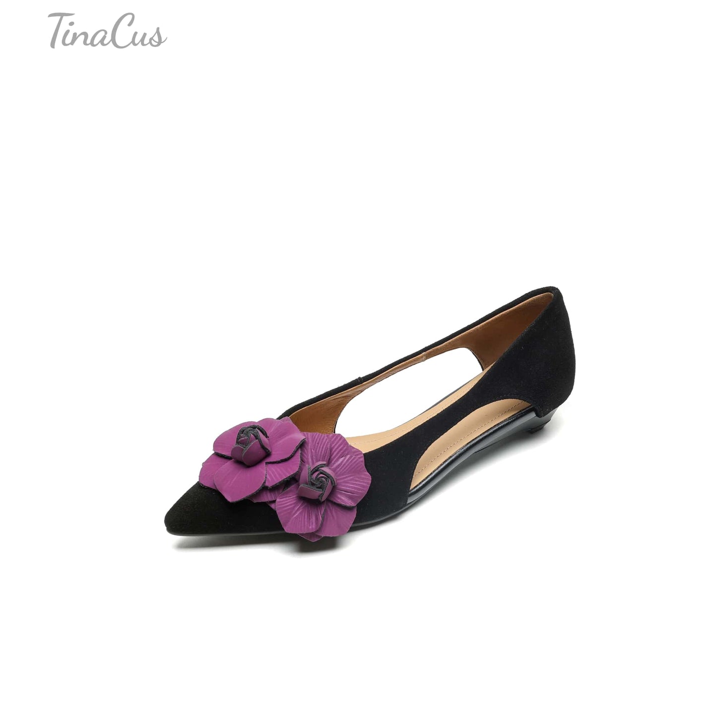 TinaCus Handmade Women's Genuine/Suede Leather Flower Decor Hollow-Out Slip On Pointed Toe Ballet Flats