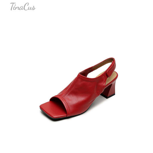TinaCus Handmade Women's Genuine Leather Soft Open Toe Block Heel Slingback Heeled Sandals