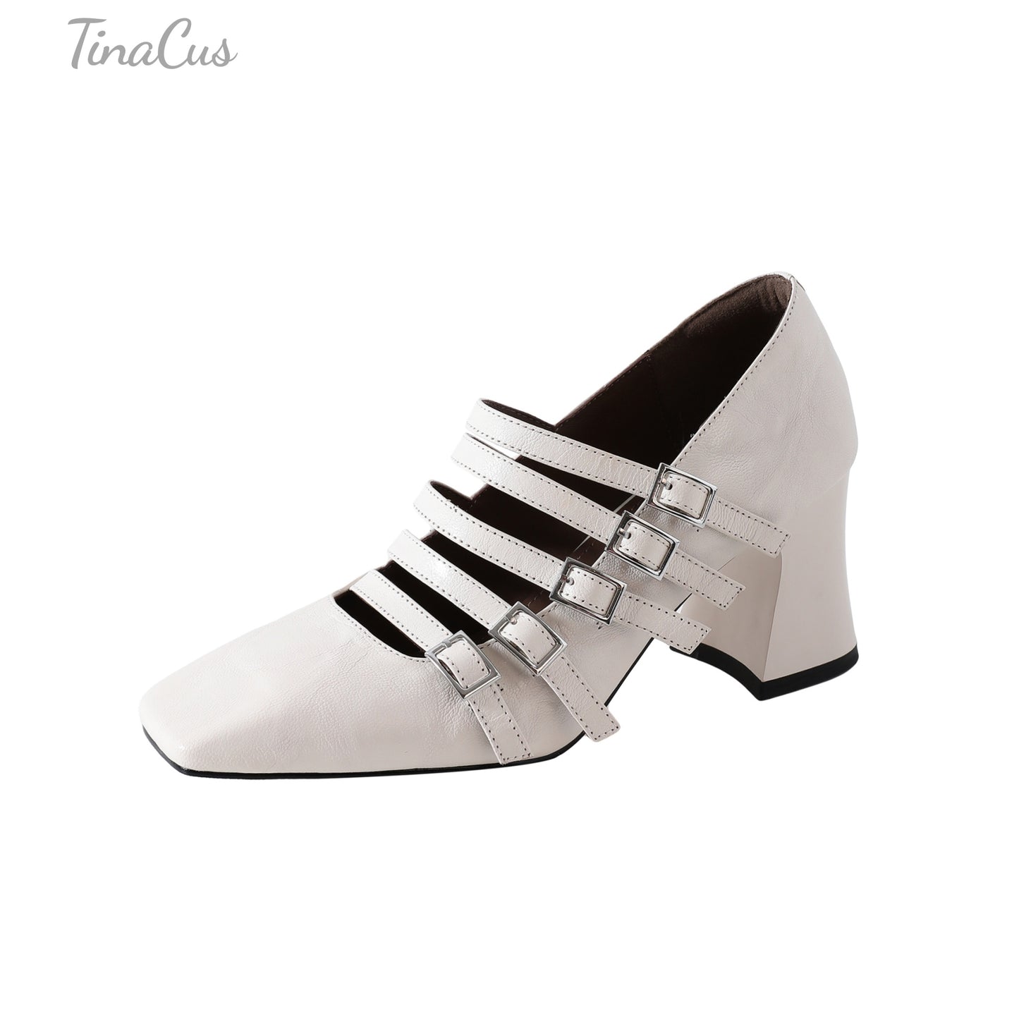 TinaCus Women's Square Toe Handmade Buckles Mid Chunky Heels Genuine Leather Chic Pumps Shoes