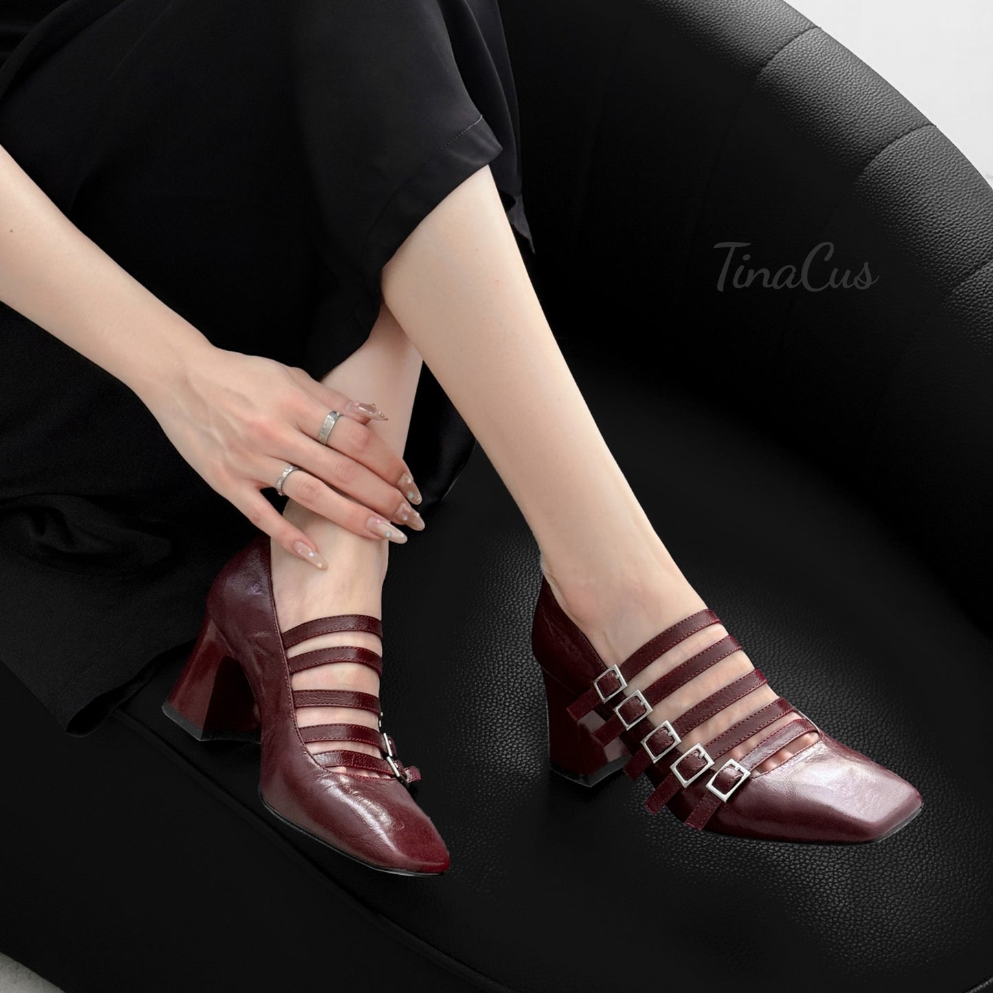 TinaCus Women's Square Toe Handmade Buckles Mid Chunky Heels Genuine Leather Chic Pumps Shoes