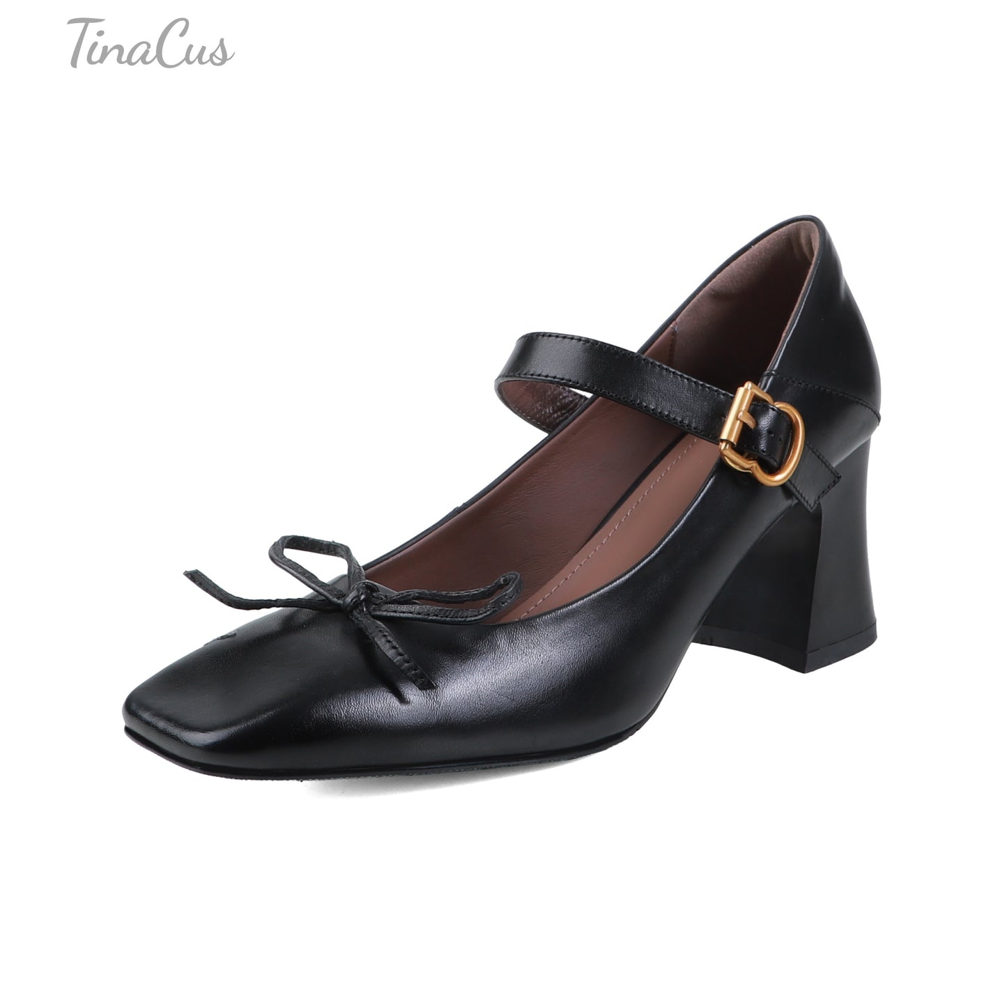 TinaCus Genuine Leather Women's Square Toe Handmade Bowknot Chunky Heels Trendy Mary Jane Shoes