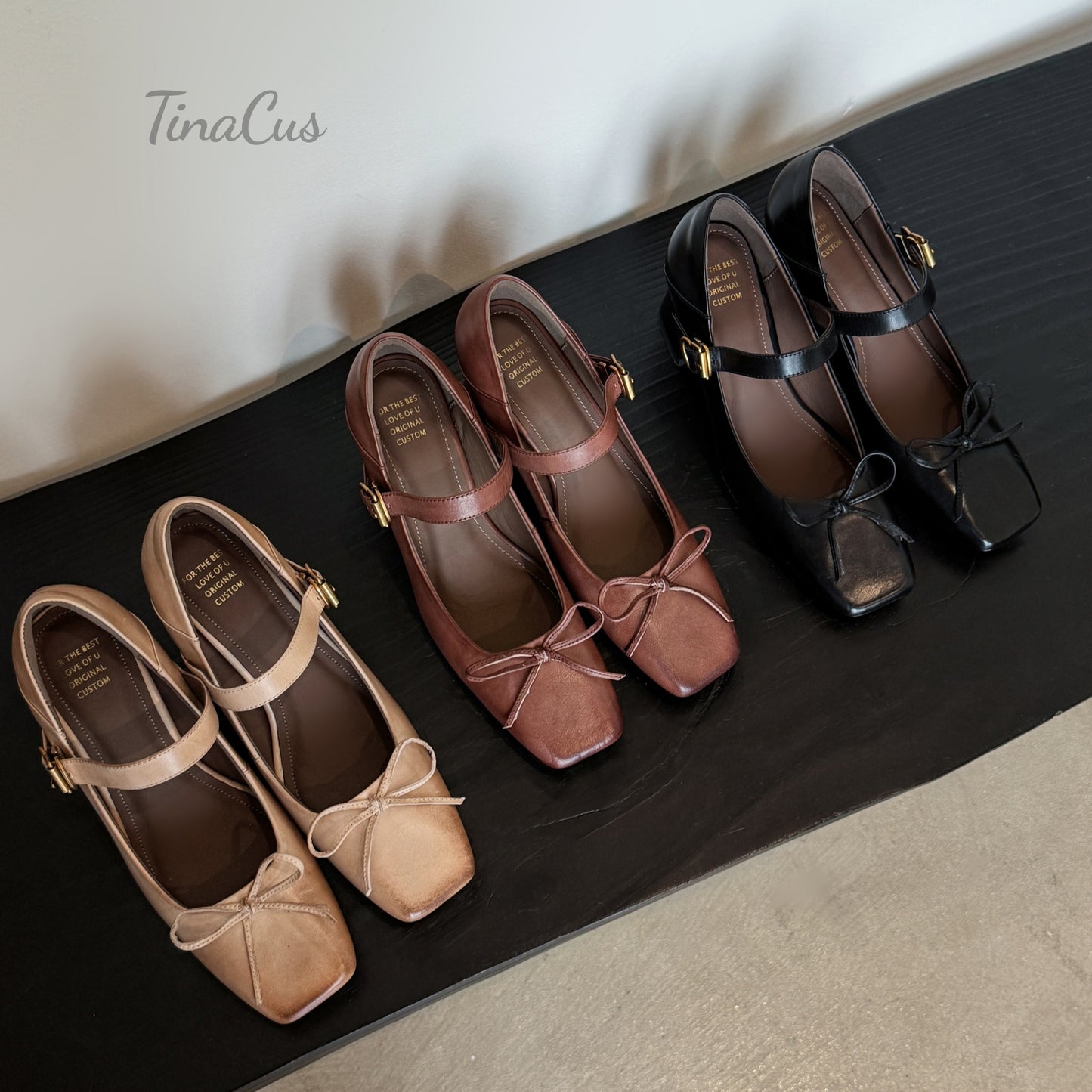 TinaCus Genuine Leather Women's Square Toe Handmade Bowknot Chunky Heels Trendy Mary Jane Shoes