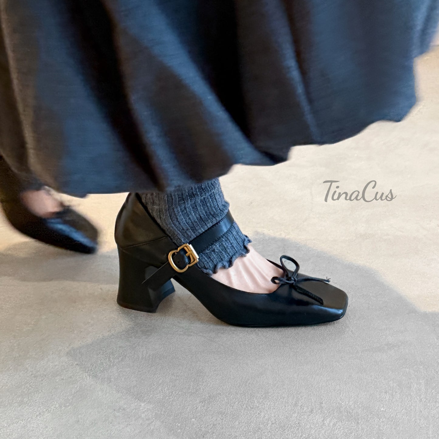 TinaCus Genuine Leather Women's Square Toe Handmade Bowknot Chunky Heels Trendy Mary Jane Shoes