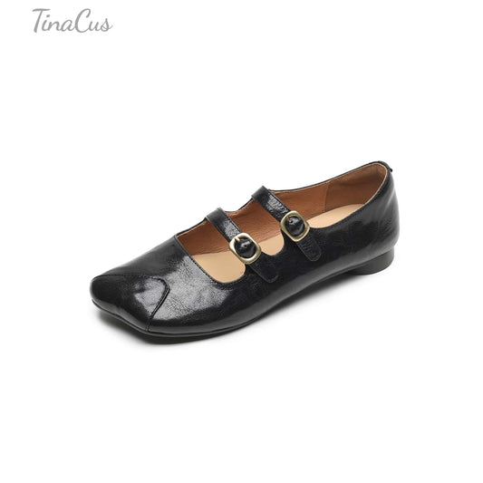 TinaCus Women's Handmade Genuine Leather Double Buckles Square Toe Casual Flat Mary Jane