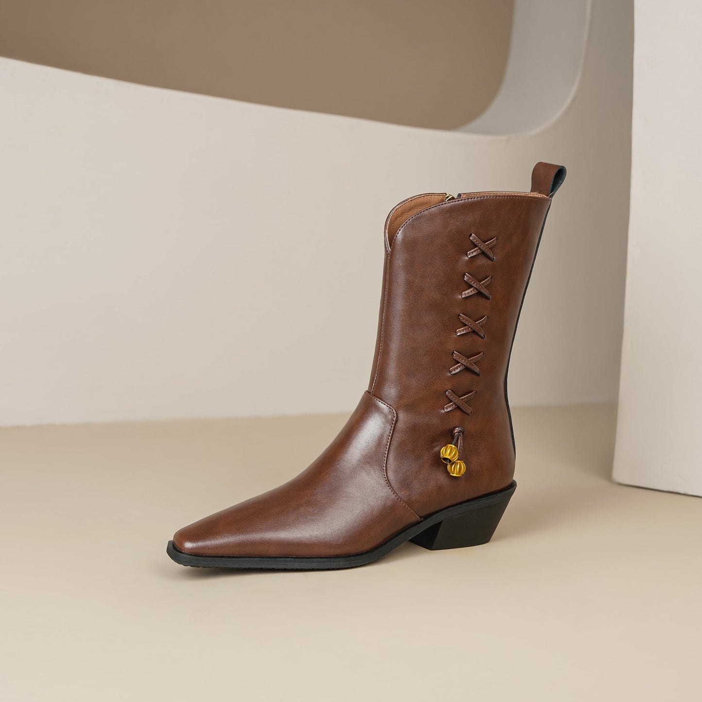 TinaCus Women's Genuine Leather Handmade Block Heel Side Zip Up Mid Calf Boots
