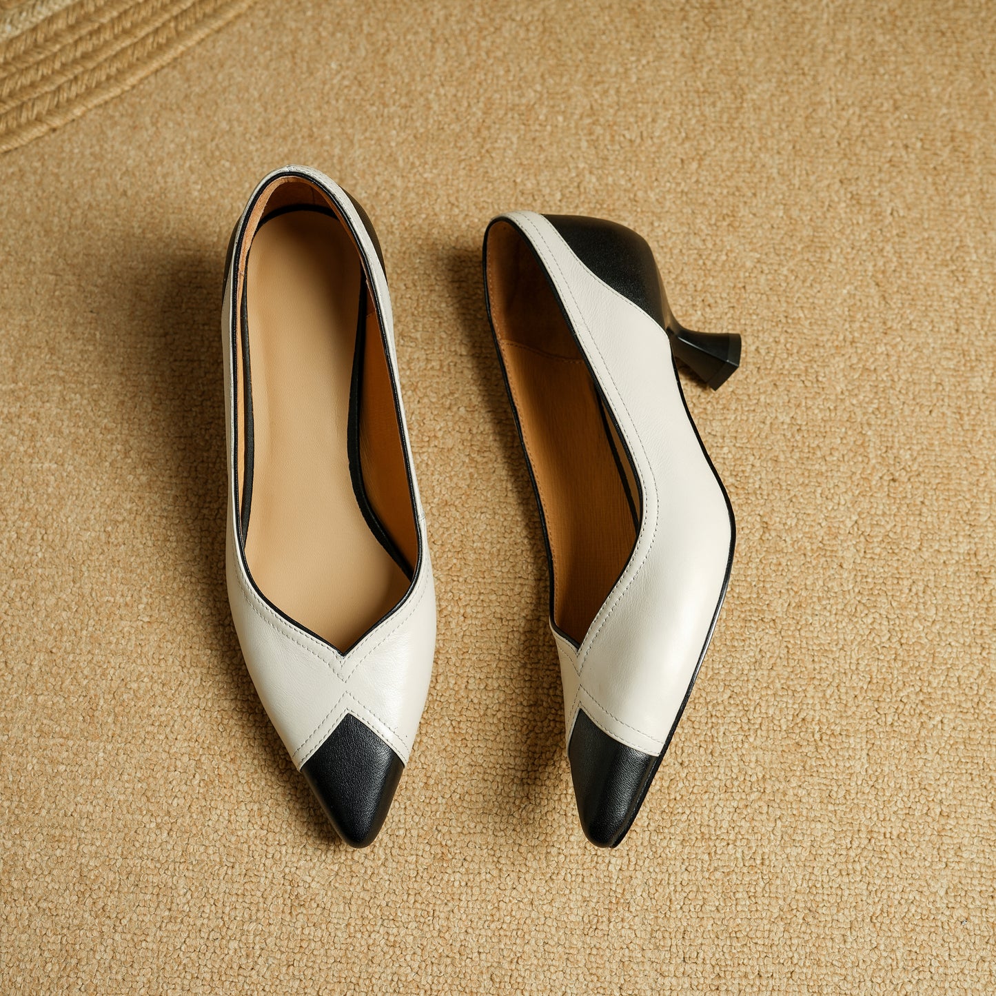 TinaCus Handmade Women's Genuine Leather Patchwork Pointed Toe Kitten Heel Pumps