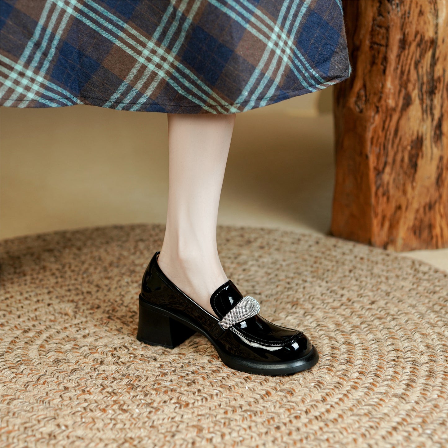 TinaCus Handmade Women's Leather Platform Rhinestones Round Toe Mid Chunky Heel Slip On Loafer Pumps Shoes