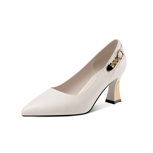 TinaCus Genuine Leather Women's Handmade Pointed Toe Metal Chain Decor Mid Heel Pumps