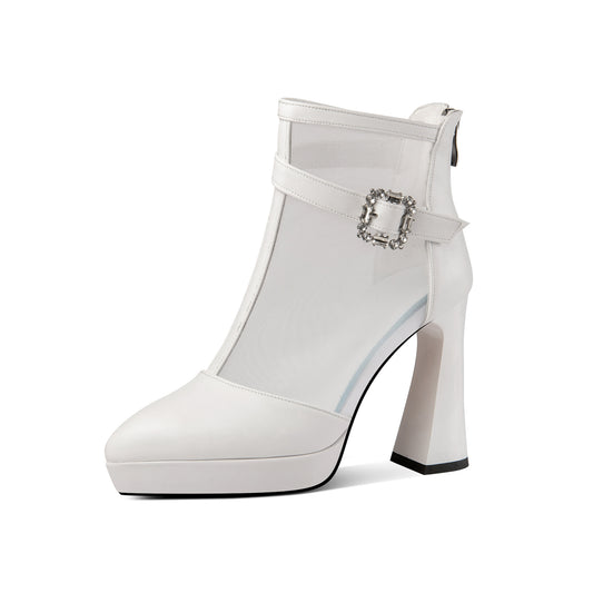 TinaCus Damen-Sommerstiefel aus echtem Leder mit spitzer Zehenpartie, handgefertigt, Reißverschluss hinten, Schnalle, hoher Absatz, Plateau