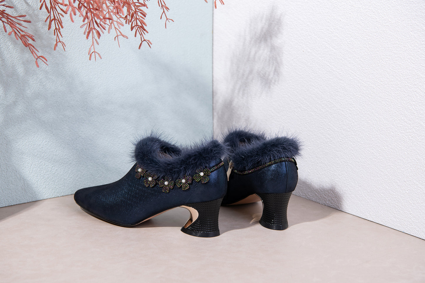 TinaCus Handmade Women's Genuine Leather Furry Rhinestone Floral Side Zip Pointed Toe Mid Chunky Heel Pumps