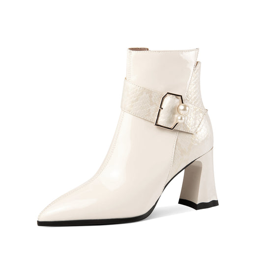 TinaCus Women's Patent Leather Handmade High Heel  Zip Up Ankle Boots with Pearl Buckle
