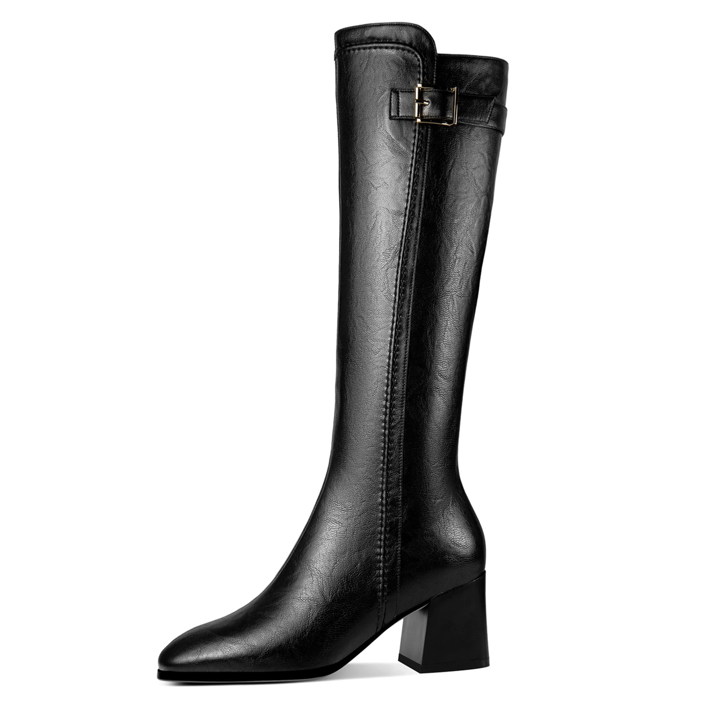 TinaCus Handmade Women's Genuine Leather Square Toe Chunky Heel  Zip Up Knee High Boots with Buckle