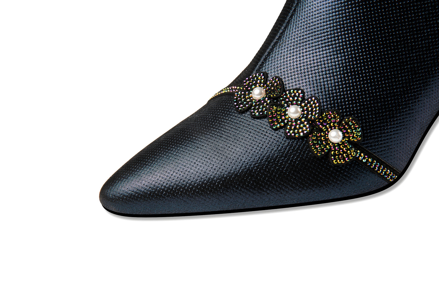 TinaCus Handmade Women's Genuine Leather Rhinestones Pearls Flowers Side Zipper Pointed Toe Mid Spool Heel Pumps