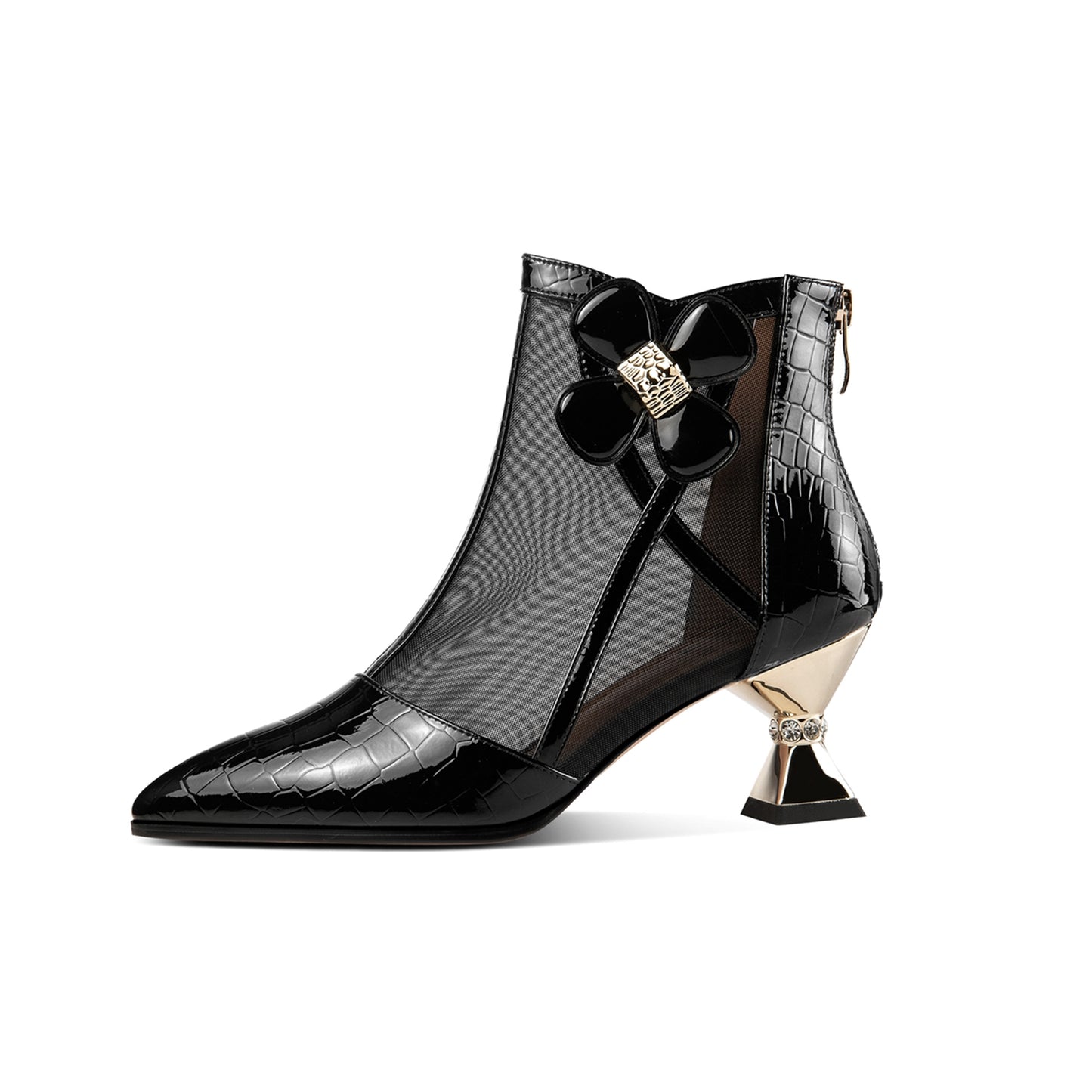 TinaCus Patent Leather & Breathable Mesh Women's Pointed Toe Handmade Flower Mid Heels Zip Up Ankle Boots