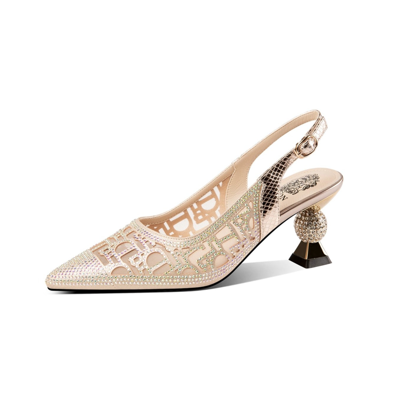 TinaCus Leather Mesh Handmade Women's Pointed Toe Mid Heel Buckle Rhinestone Slingback Sandal Pumps