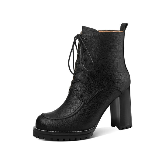 TinaCus Damen-Stiefeletten aus echtem Leder, handgefertigt, hoher Blockabsatz, runde Zehenpartie, Schnürung, Reißverschluss