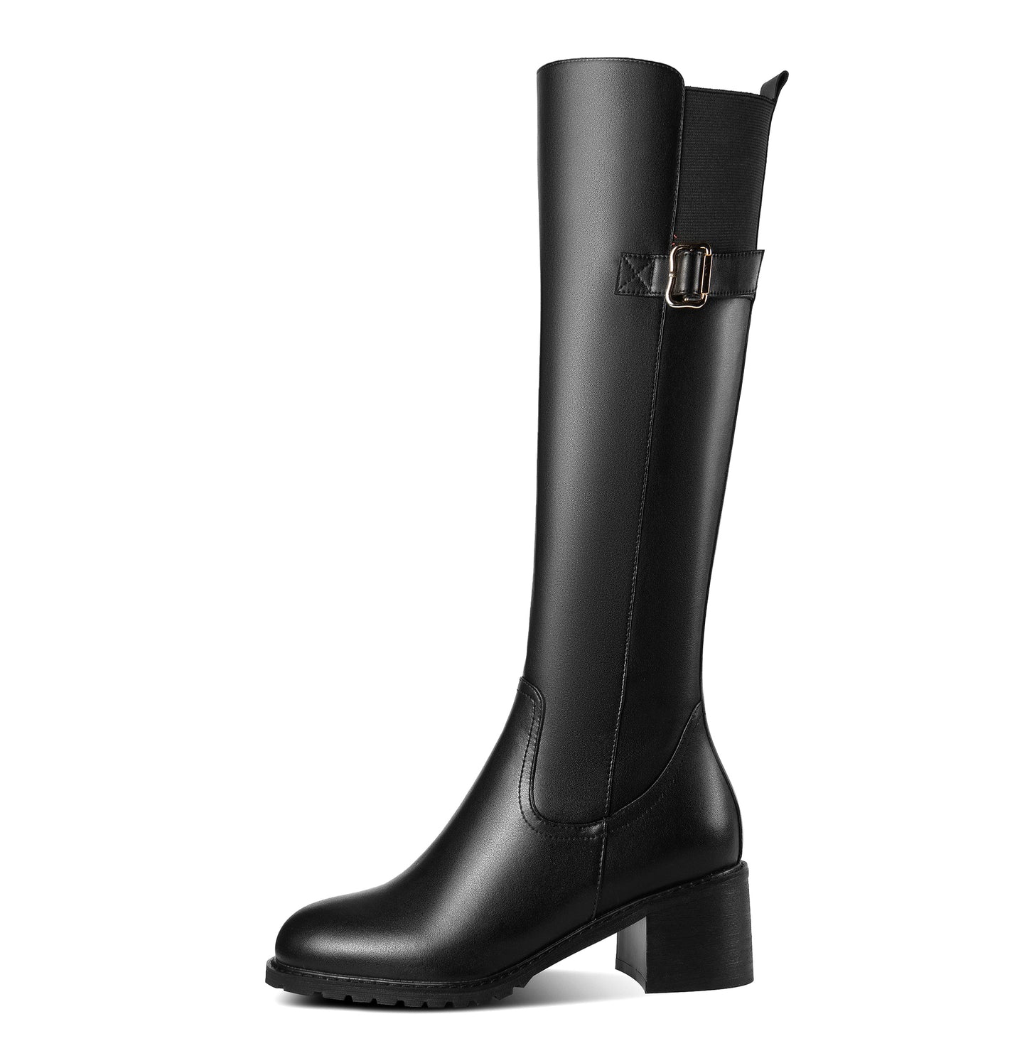 TinaCus Handmade Women's Genuine Leather Side Zip Round Toe Low Chunky Heel Modern Buckle Black Knee High Boots