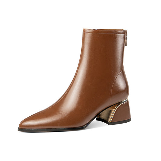 TinaCus Women's Pointy Toe Genuine Leather Handmade Back Zip Block Heel Ankle Boots