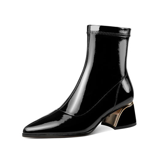 TinaCus Women's Pointed Toe Patent Leather Handmade Side Zip Chunky Heel Boots