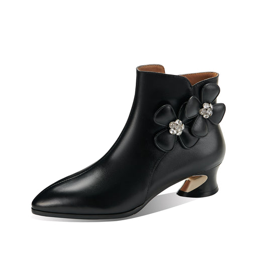 TinaCus Women's Genuine Leather Handmade Flowers Zip Up Ankle Boots