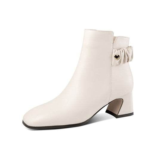 TinaCus Women's Square Toe Genuine Leather Low Chunky Heels Handmade Side Zipper Modern Ankle Boots