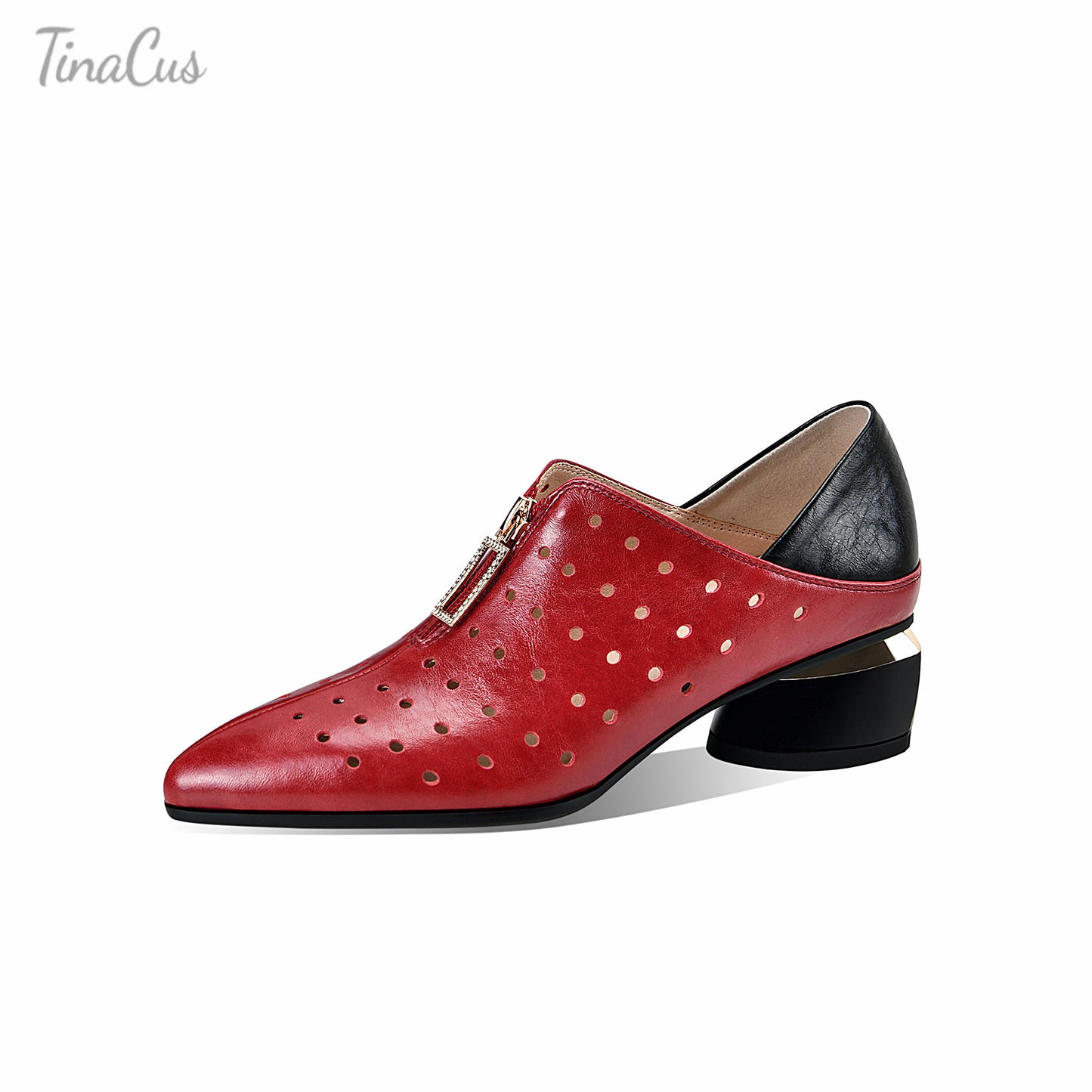 TinaCus Damen-Pumps aus echtem Leder mit atmungsaktiven Löchern, handgefertigt, Reißverschluss vorne, niedriger Blockabsatz, stilvolle Pumps