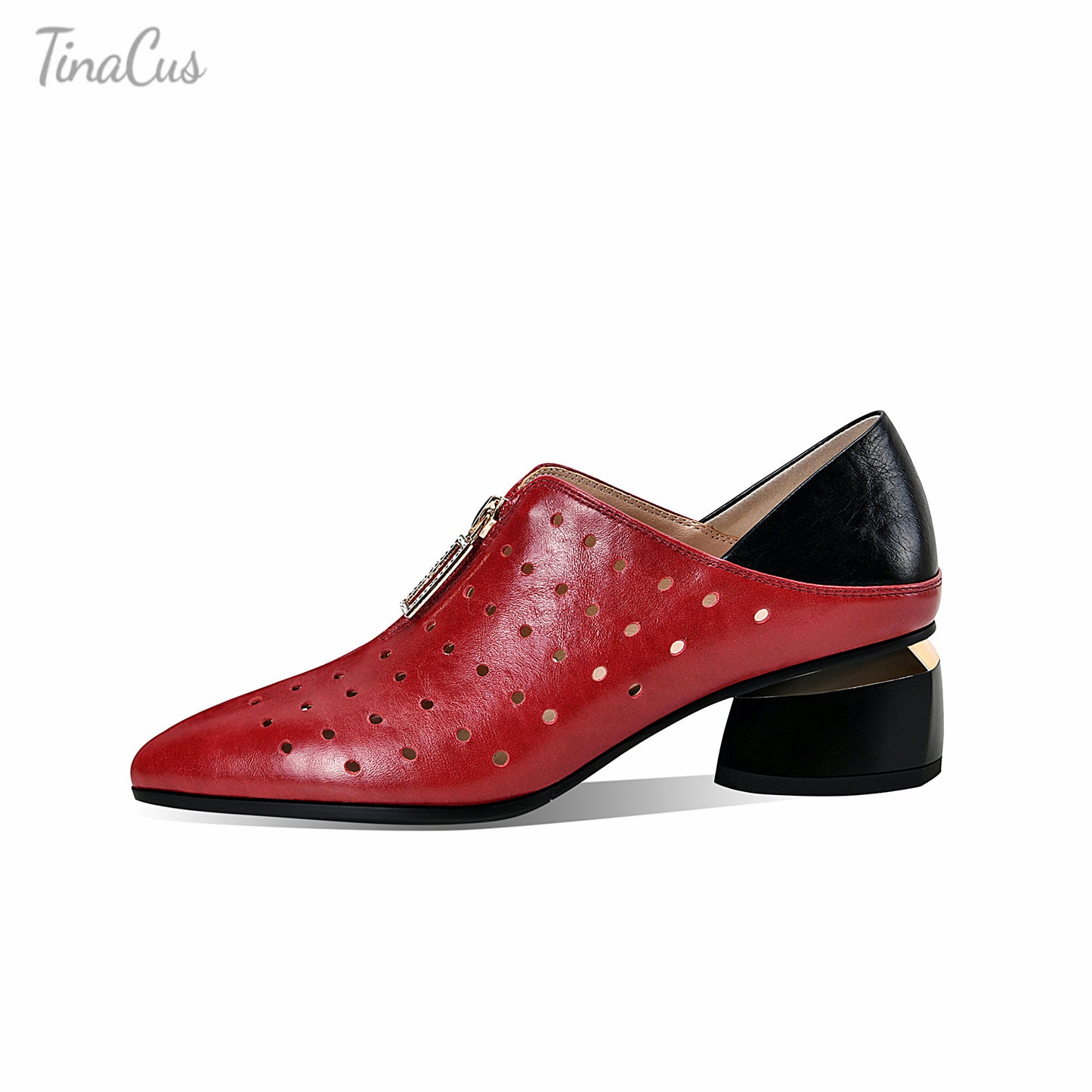 TinaCus Damen-Pumps aus echtem Leder mit atmungsaktiven Löchern, handgefertigt, Reißverschluss vorne, niedriger Blockabsatz, stilvolle Pumps