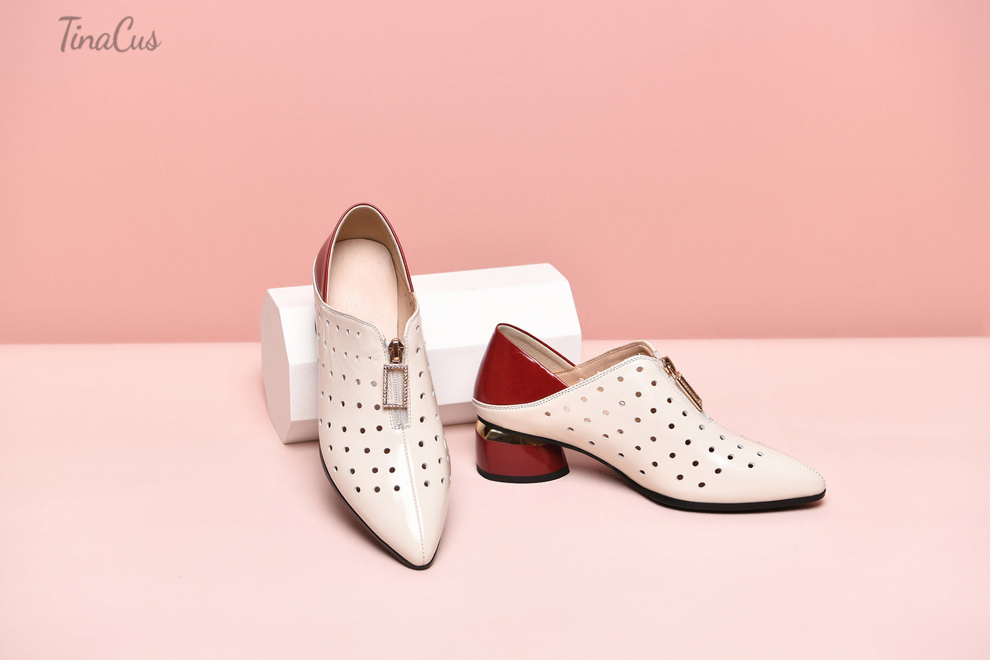 TinaCus Damen-Pumps aus echtem Leder mit atmungsaktiven Löchern, handgefertigt, Reißverschluss vorne, niedriger Blockabsatz, stilvolle Pumps