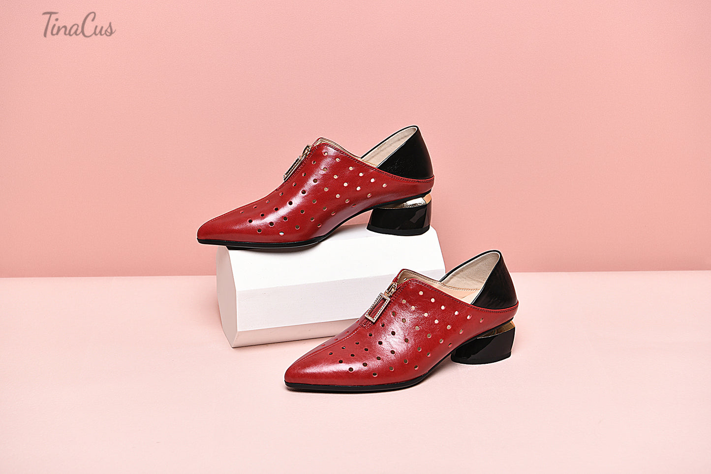 TinaCus Damen-Pumps aus echtem Leder mit atmungsaktiven Löchern, handgefertigt, Reißverschluss vorne, niedriger Blockabsatz, stilvolle Pumps