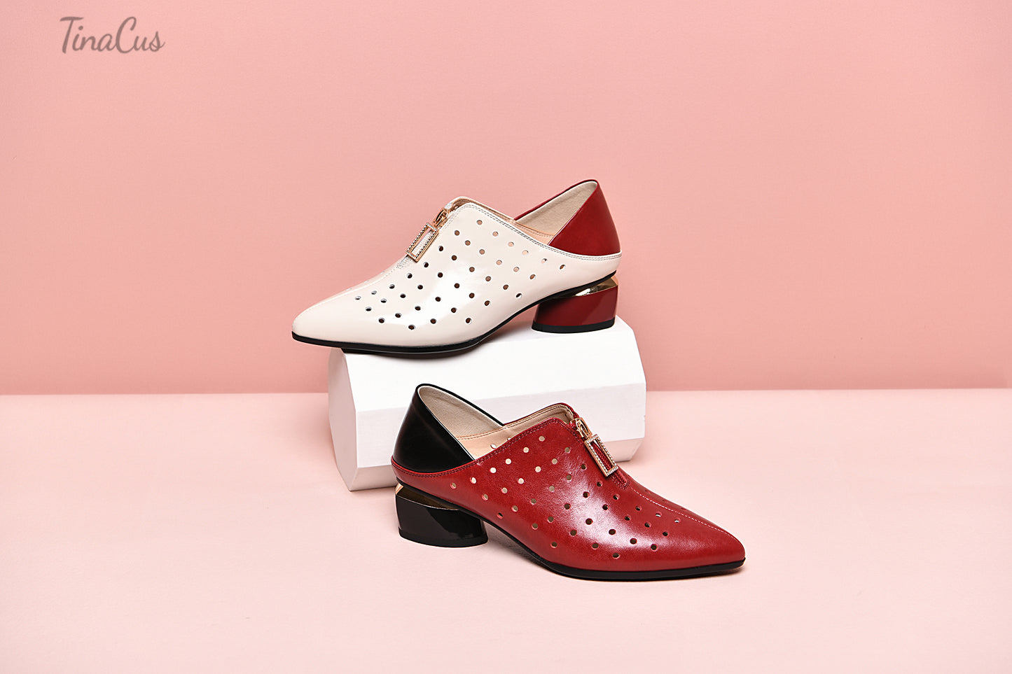 TinaCus Damen-Pumps aus echtem Leder mit atmungsaktiven Löchern, handgefertigt, Reißverschluss vorne, niedriger Blockabsatz, stilvolle Pumps