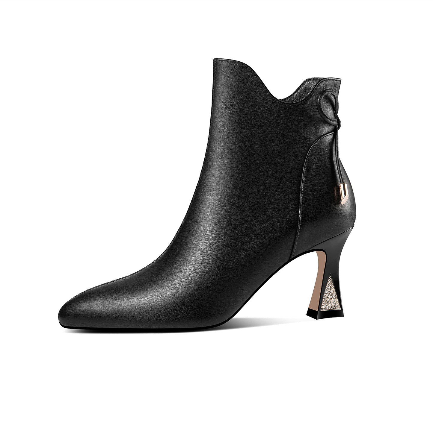 TinaCus Handmade Women's Genuine Leather Rhinestones Bowknot Pointed Toe Side Zipper Mid Spool Heel Ankle Boots