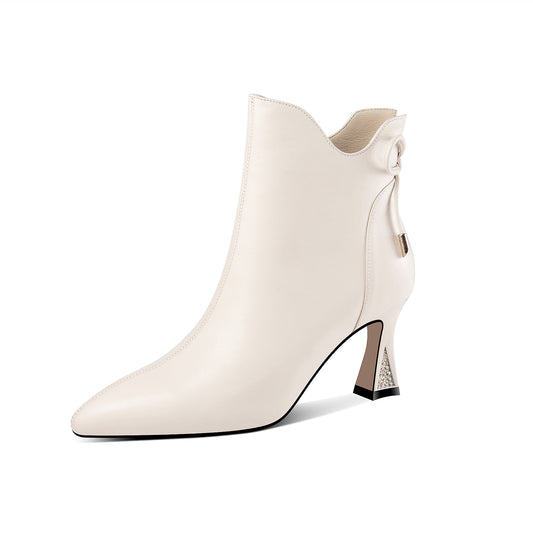 TinaCus Handmade Women's Genuine Leather Rhinestones Bowknot Pointed Toe Side Zipper Mid Spool Heel Ankle Boots