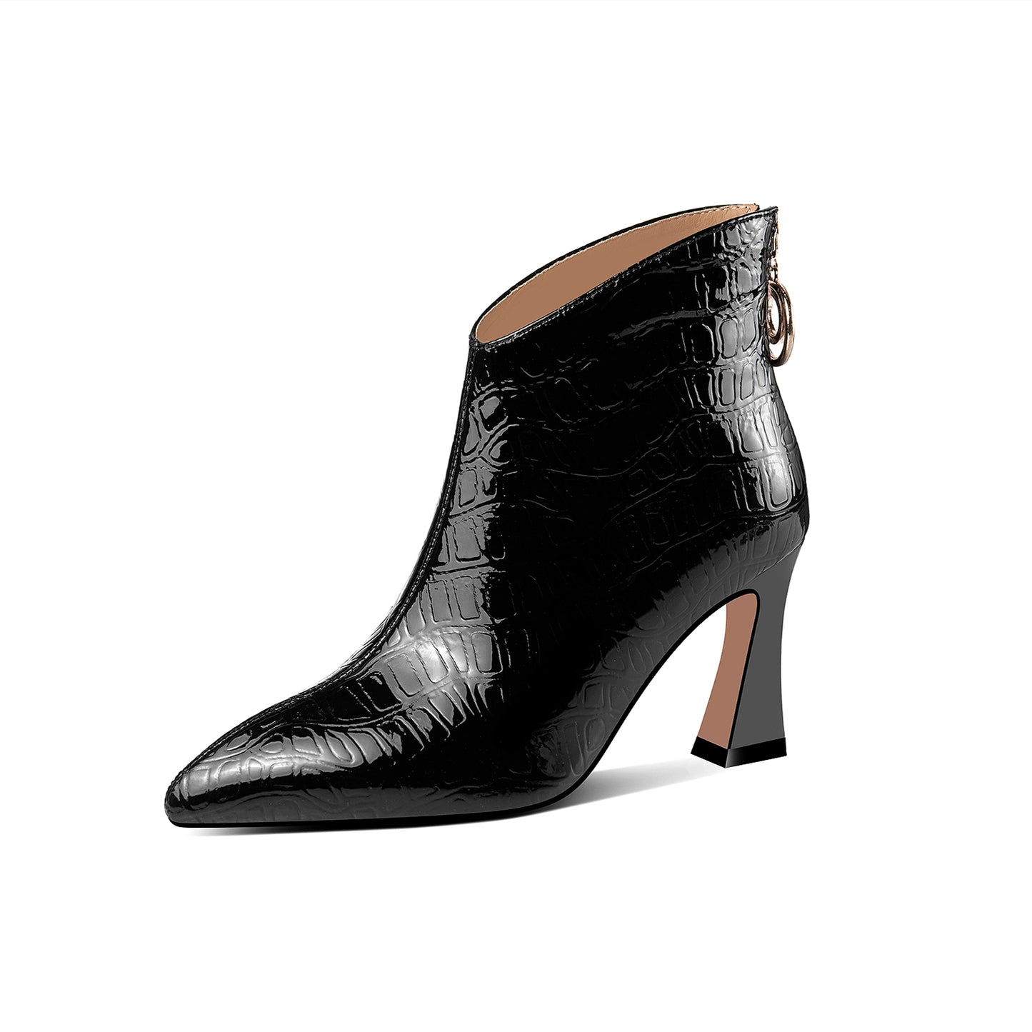 TinaCus Patent Leather Women's Handmade Pointed Toe High Spool Heel Ring Zip Puller Ankle Boots