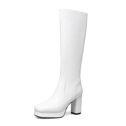 TinaCus Women's Square Toe Platform Genuine Leather Handmade Side Zip High Heels Knee High Boots