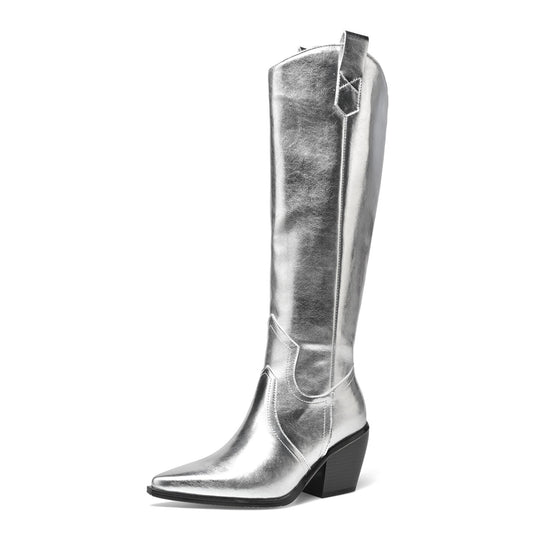 TinaCus Women's Pointed Toe Genuine Leather Jean Faric Handmade Block Heel Knee High Boots