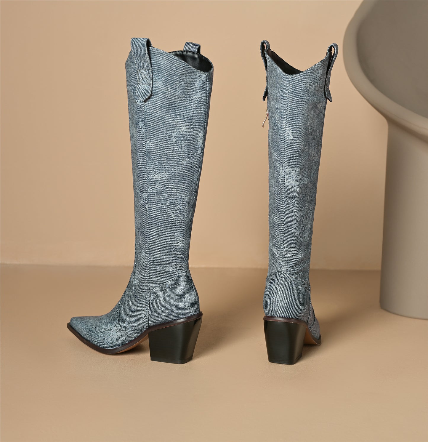 TinaCus Women's Pointed Toe Genuine Leather Jean Faric Handmade Block Heel Knee High Boots