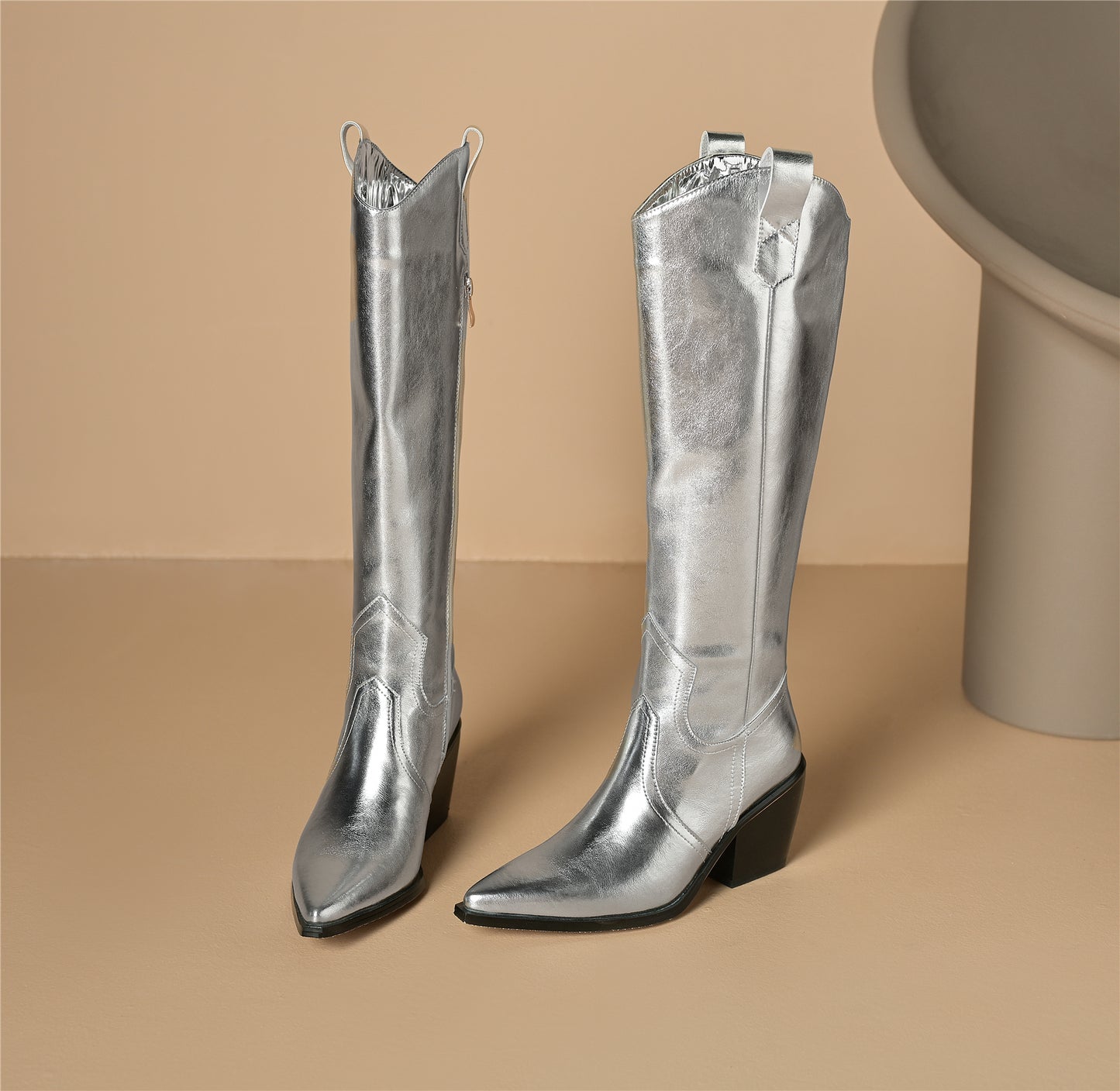 TinaCus Women's Pointed Toe Genuine Leather Jean Faric Handmade Block Heel Knee High Boots