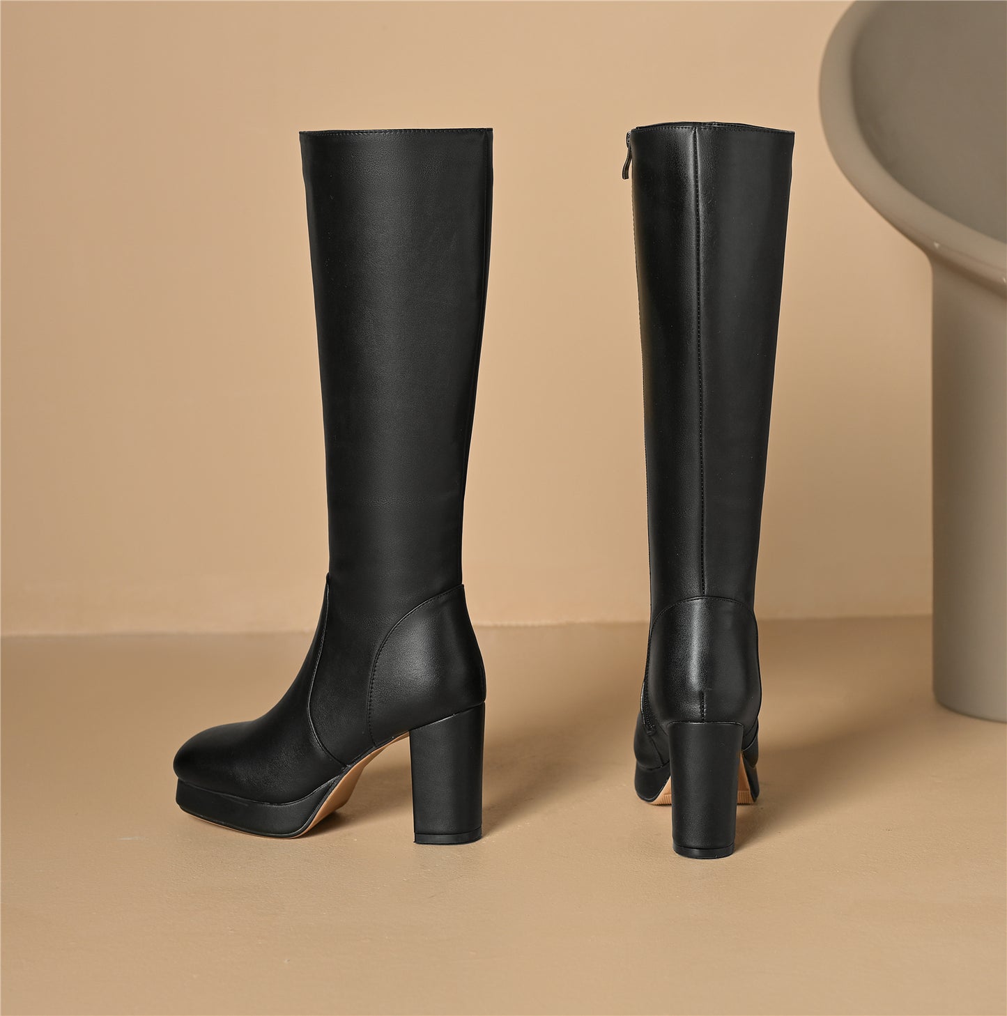 TinaCus Women's Square Toe Platform Genuine Leather Handmade Side Zip High Heels Knee High Boots
