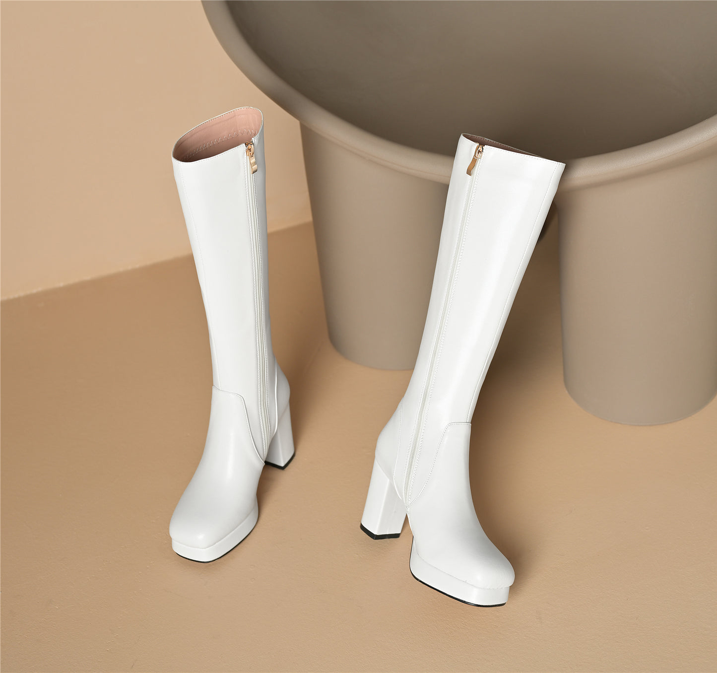 TinaCus Women's Square Toe Platform Genuine Leather Handmade Side Zip High Heels Knee High Boots