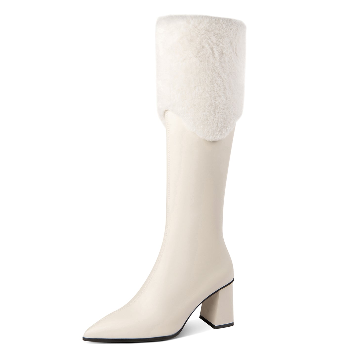 TinaCus Handmade Women's Genuine Leather Zip Up High Heel Fur Design Knee High Boots