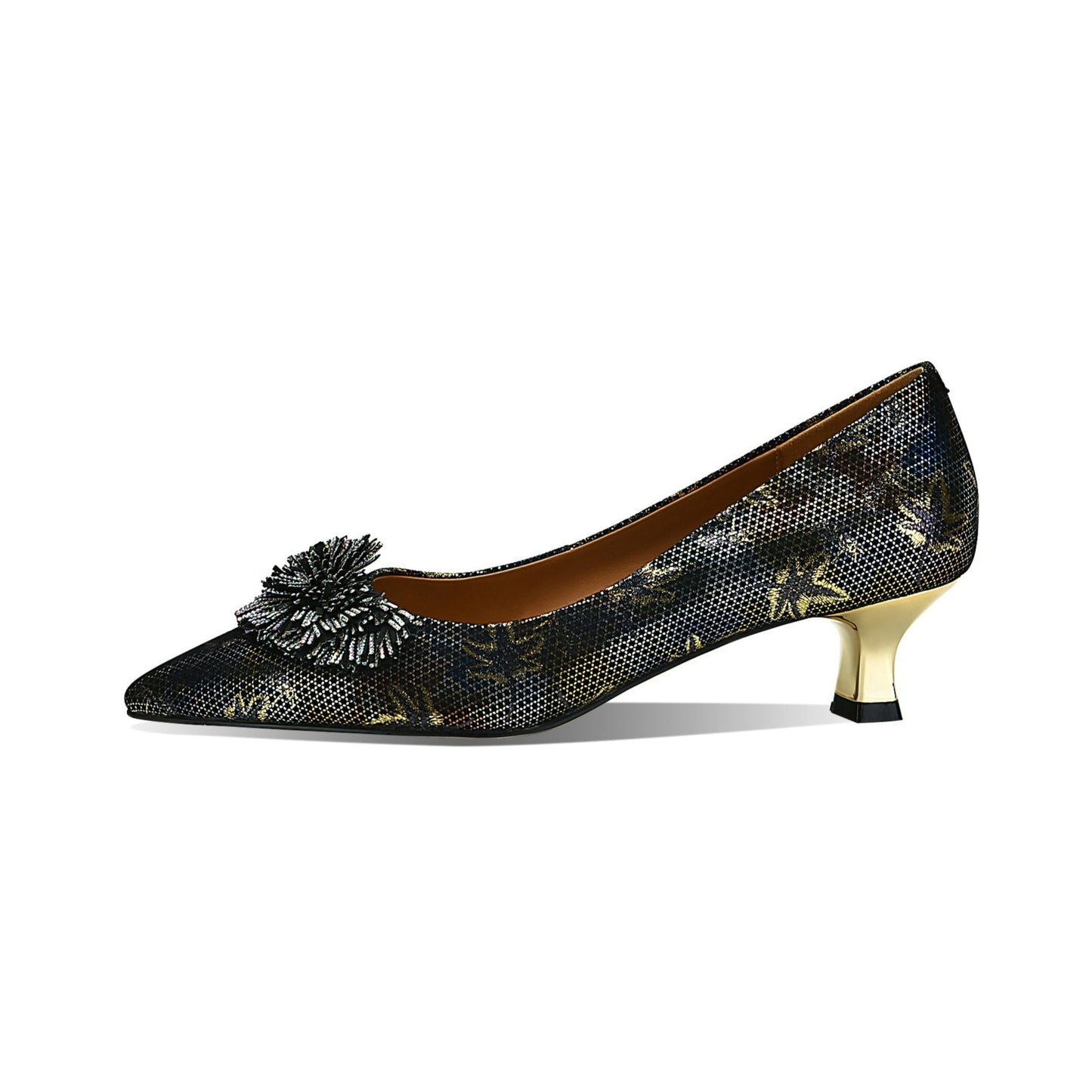 TinaCus Handmade Women's Genuine Leather Pointed Toe Modern Buckle Slip On Gold Heel Pumps