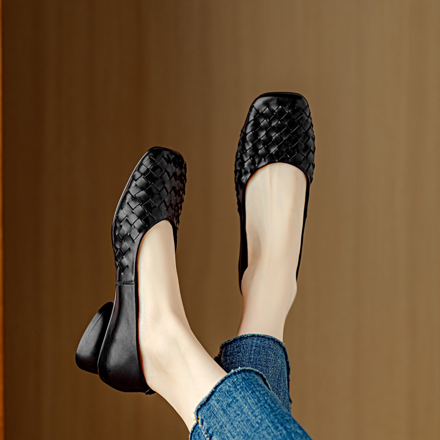 TinaCus Women's Genuine Leather Comfortable Weave Square Toe Slip On Casual Flats Dressy Shoes