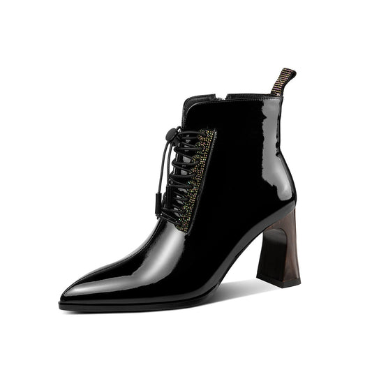TinaCus Handmade Women's Patent Leather Rhinestones Front Lace Up Pointed Toe Mid Chunky Heel Ankle Boots