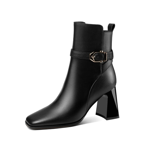TinaCus Handmade Women's Genuine Leather Ankle Strap Side Zipper Square Toe High Block Heel Short Boots