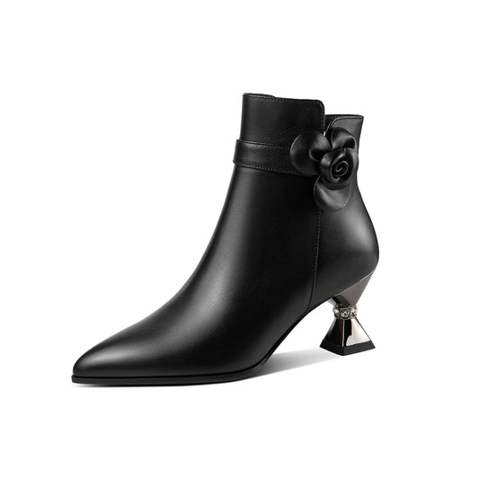 TinaCus Handmade Women's Genuine Leather Floral Decor Pointed Toe Side Zipper Mid Spool Heel Ankle Boots