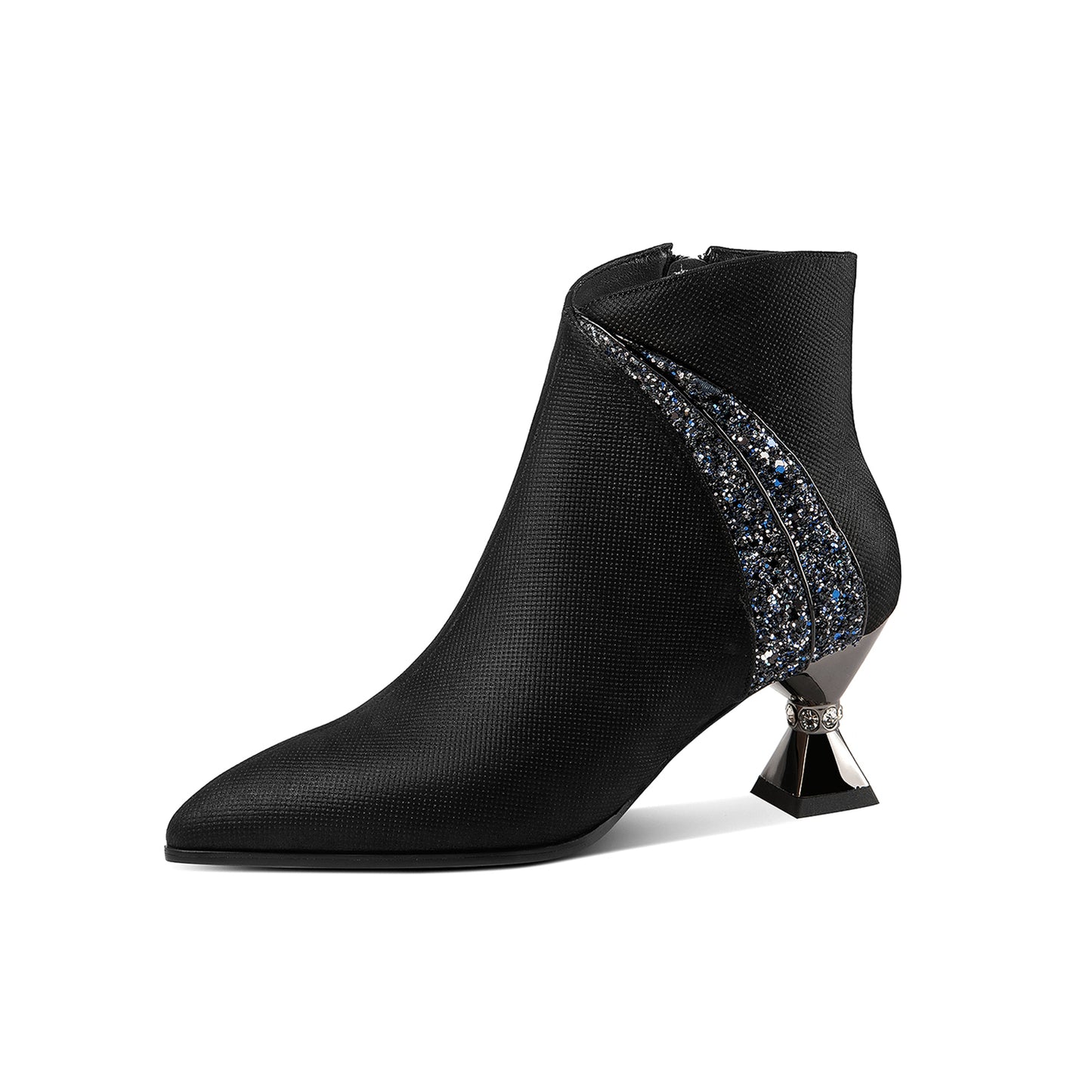 TinaCus Handmade Women's Genuine Leather Rhinestones Woven Design Pointed Toe Side Zipper Mid Spool Heel Ankle Boots