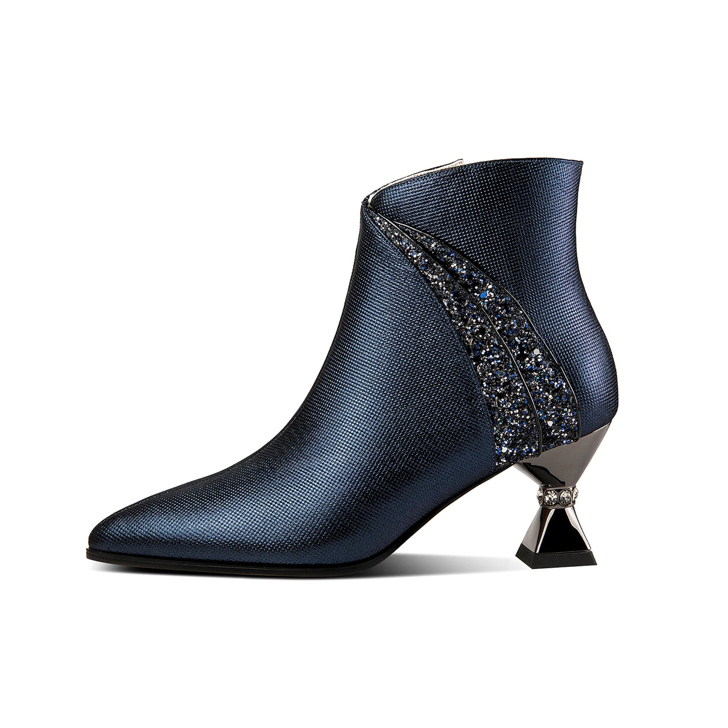 TinaCus Handmade Women's Genuine Leather Rhinestones Woven Design Pointed Toe Side Zipper Mid Spool Heel Ankle Boots